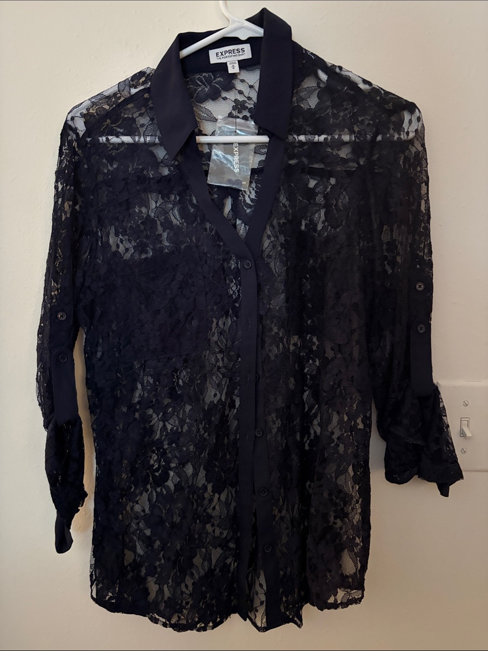 Express Women's Navy Lace Button-Up Blouse